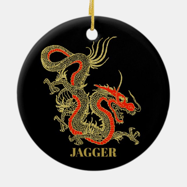 Red Gold Black Fantasy Chinese Dragon Christmas Ceramic Ornament (Back)