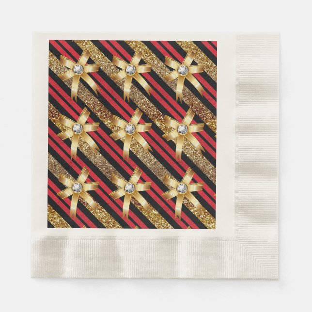 Red Gold & Black Faux Glitter Gold Diamond Bows Napkin (Front)