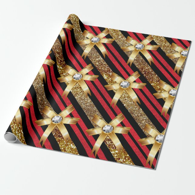 Red Gold & Black Faux Glitter Gold Diamond Bows Wrapping Paper (Unrolled)