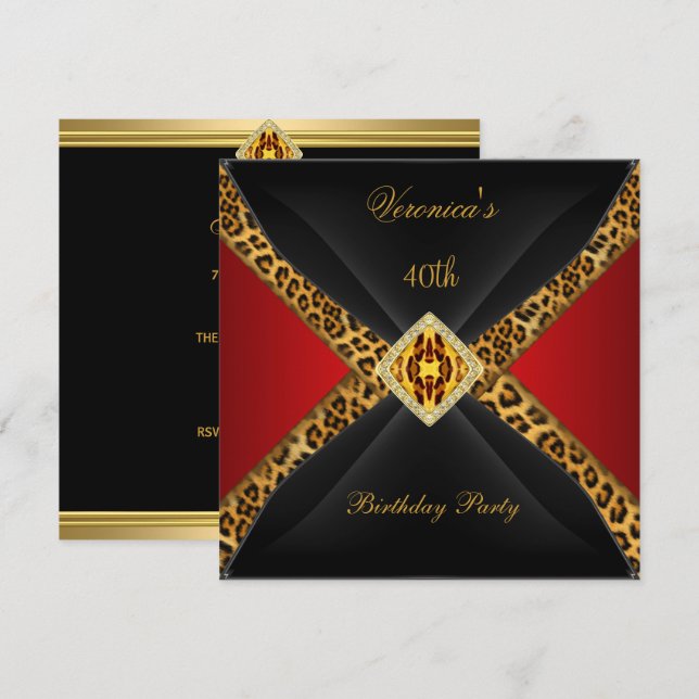 Red Gold Black Leopard Jewel 40th Birthday Invitation (Front/Back)