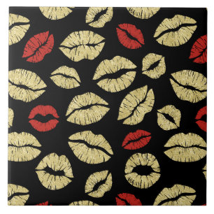 Red Gold Black Lips Kiss Tile