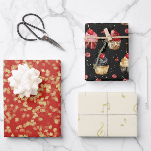 Red Gold Black Music Notes Cupcakes Bridal Shower  Wrapping Paper Sheet