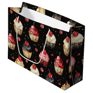 Red Gold Black Pink Cupcakes Cherry Birthday Large Gift Bag