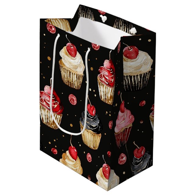Red Gold Black Pink Cupcakes Cherry Birthday Medium Gift Bag (Front Angled)