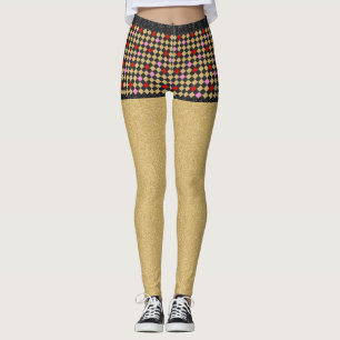 Red Gold Black Pink Glitter Chequered Girly Chic Leggings
