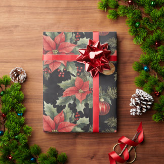 Red, Gold, Black Poinsettia Christmas | Wrapping Paper
