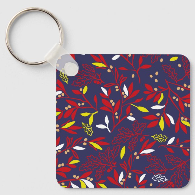 Red Gold Botanical Autumn Leaves Keychain (Front)