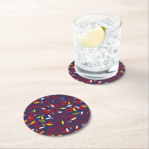 Red Gold Botanical Autumn Leaves Round Paper Coaster