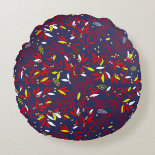 Red Gold Botanical Autumn Leaves Round Pillow