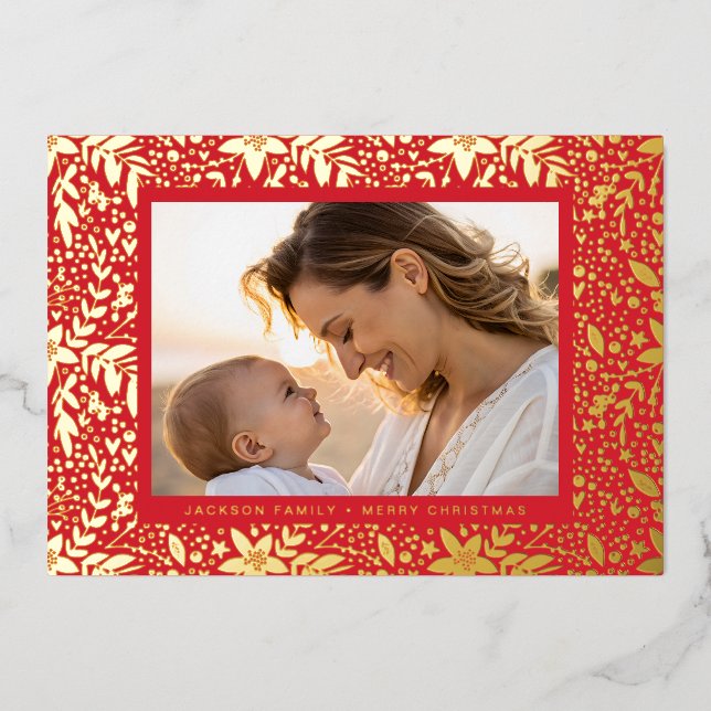 RED GOLD Botanical Christmas Frame Photo Foil Holiday Card (Front)