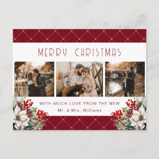 Red Gold Botanical Photo Newlywed Holiday Postcard