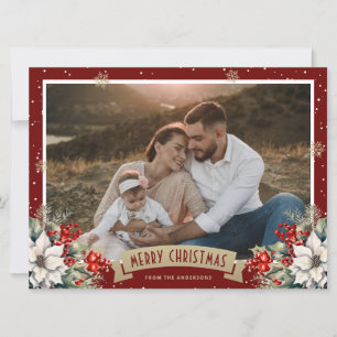 Red Gold Botanical Snowflake Photo Christmas Holiday Card