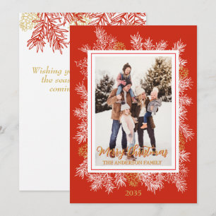 Red Gold Botanical Vintage Frame Christmas Holiday Card