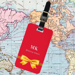 Red gold bow monogram initials elegant luggage tag