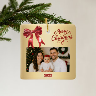 Red gold bow photo Christmas Ceramic Ornament