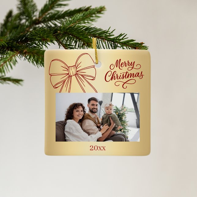 Red gold bow photo hand-drawn Christmas Ceramic Ornament (Creator Uploaded)