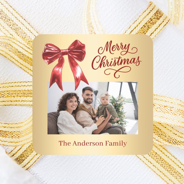 Red gold bow photo script Christmas Square Sticker (Creator Uploaded)