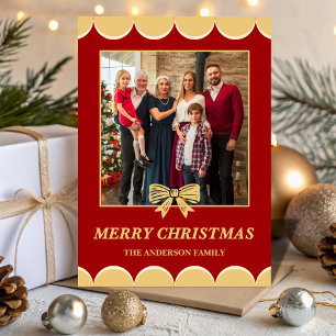 Red & Gold Bow Scalloped Family Christmas Photo Holiday Card
