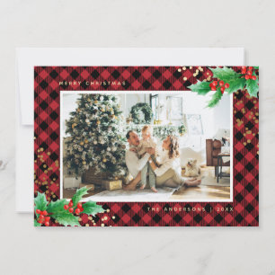 Red Gold Buffalo Plaid Holly Photo Cartes de Noël
