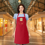 Red gold business logo name signature apron<br><div class="desc">Add a touch of style and professionalism to your business with this customizable red apron. Featuring a sleek red background, it’s perfect for the holiday season or for businesses with red as their brand colour. Ideal for use in bars, restaurants, kitchens, beauty salons, and more. Personalize the apron by adding...</div>