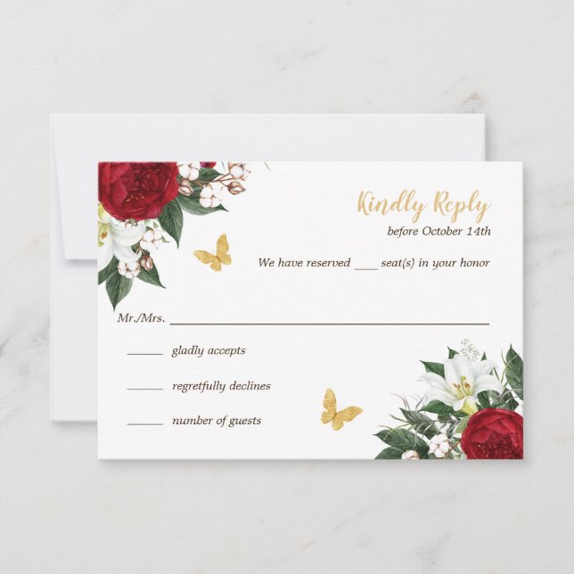 Red Gold Butterflies Quinceañera RSVP Card (Front)