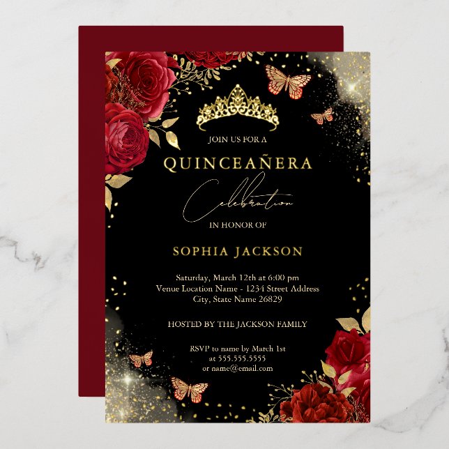 Red Gold Butterfly Rose Tiara Quinceanera  (Front/Back)