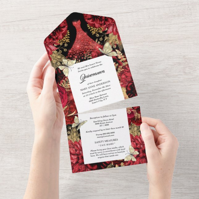 Red gold butterfly sparkling gown birthday  all in one invitation (Tearaway)