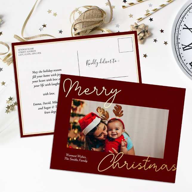 Red Gold Calligraphy Merry Christmas Simple Photo Foil Holiday Postcard (Creator Uploaded)