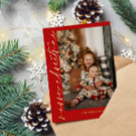 Red Gold Calligraphy Photo Merry Christmas Foil Holiday Card<br><div class="desc">Elegant red and gold Christmas card personalized with a photo and your family name in gold foil. Modern photo Christmas card in red with gold foil calligraphy.</div>