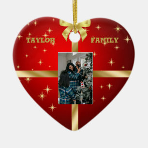 Red & Gold Ceramic Heart Photo Ornament