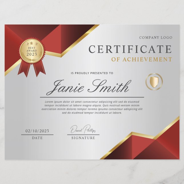 Red Gold Certificate Of Achievement Award (Front)