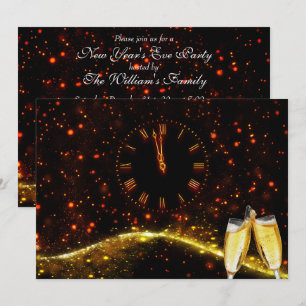 Red, Gold Champagne & Clock New Year's Eve Invitation