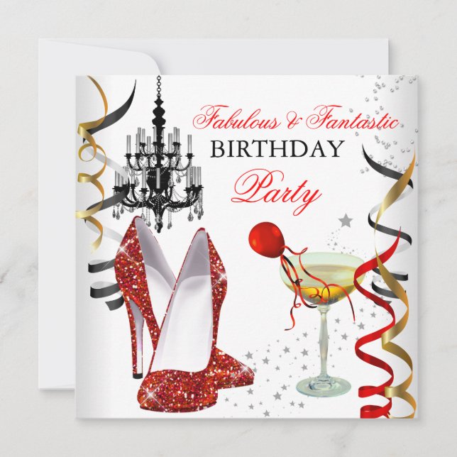 RED Gold Chandelier White Champagne Party 2 Invitation (Front)