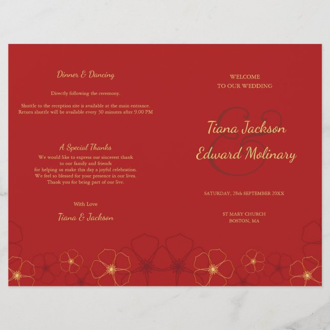 Red Gold Cherry Blossoms Programme de mariage plié (Devant)