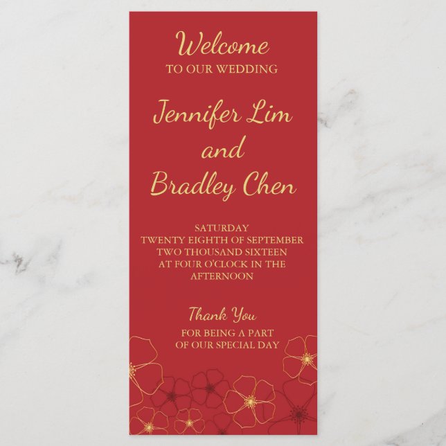 Red & Gold Cherry Blossoms Wedding Reception Menu (Front)