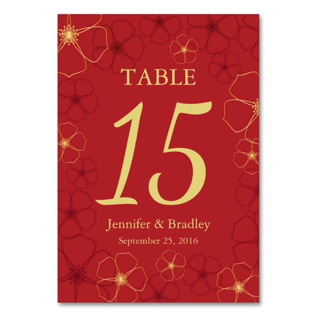 Red & Gold Cherry Blossoms Wedding Table Number Ca (Front)