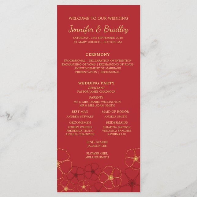 Red Gold Cherry Blossoms Wedding Timeline Program (Front)