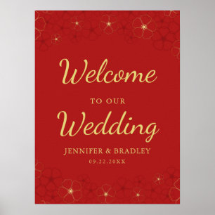 Red Gold Cherry Blossoms Welcome Sign