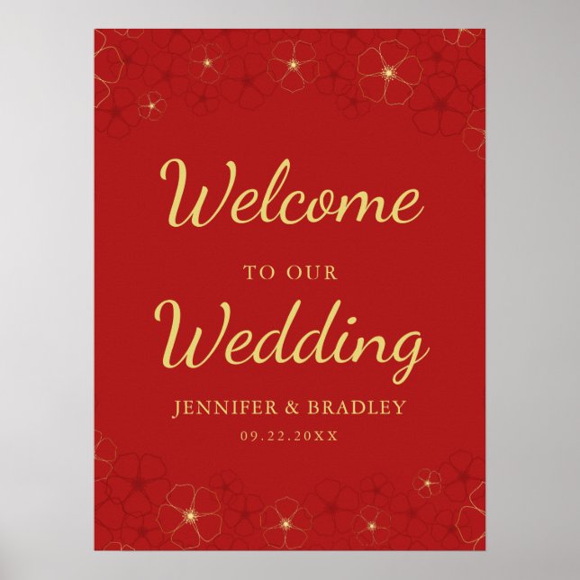 Red Gold Cherry Blossoms Welcome Sign (Front)