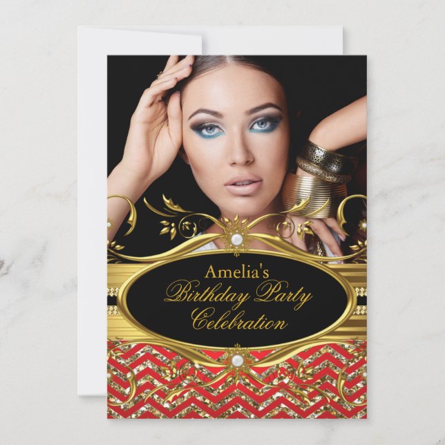 Red & gold Chevron Diamond Photo Birthday Invitation (Front)