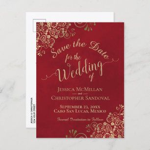 Red & Gold Chic Calligraphy Wedding Save the Date Announcement Postcard