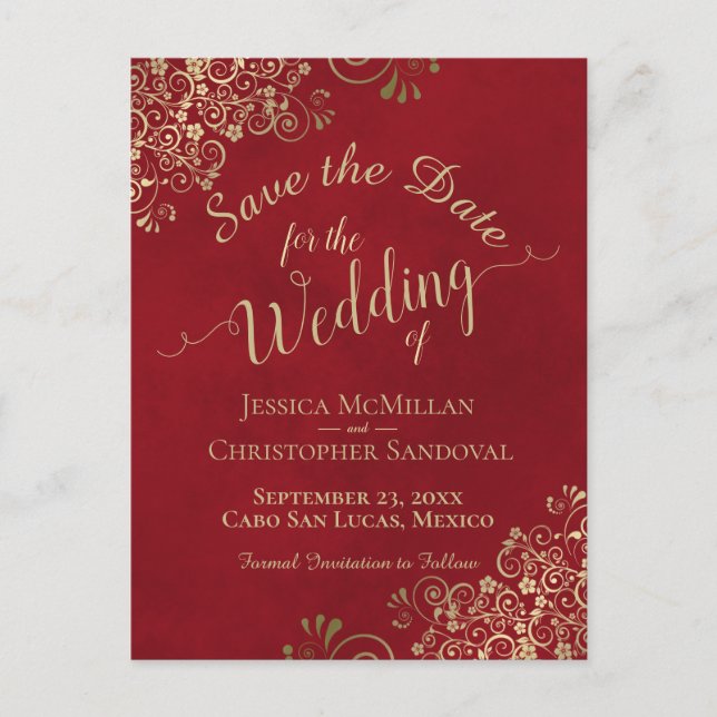 Red & Gold Chic Calligraphy Wedding Save the Date Announcement Postcard (Front)