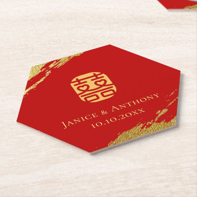 Red gold Chinese calligraphy brush stroke wedding Paper Coaster (Angled)