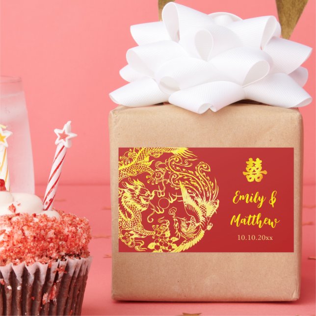 Red gold Chinese Dragon and Phoenix logo wedding Sticker (Party)