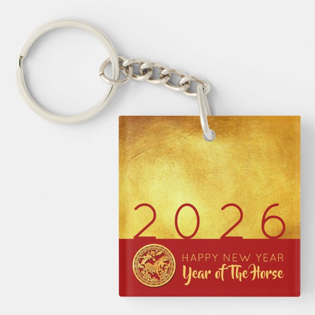 Red Gold Chinese Horse paper-cut 2026 ASqK Keychain (Front)