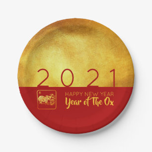 Red Gold Chinese Ox paper-cut 2021 PP Paper Plate