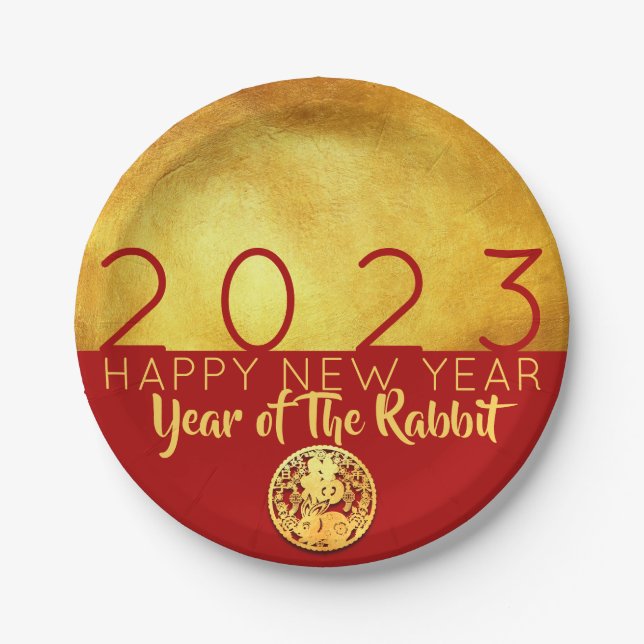 Red Gold Chinese Rabbit paper-cut 2023 PP Paper Plate (Front)