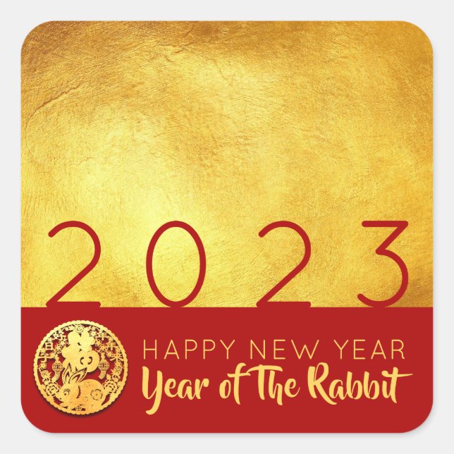 Red Gold Chinese Rabbit paper-cut 2023 SqS Square Sticker (Front)