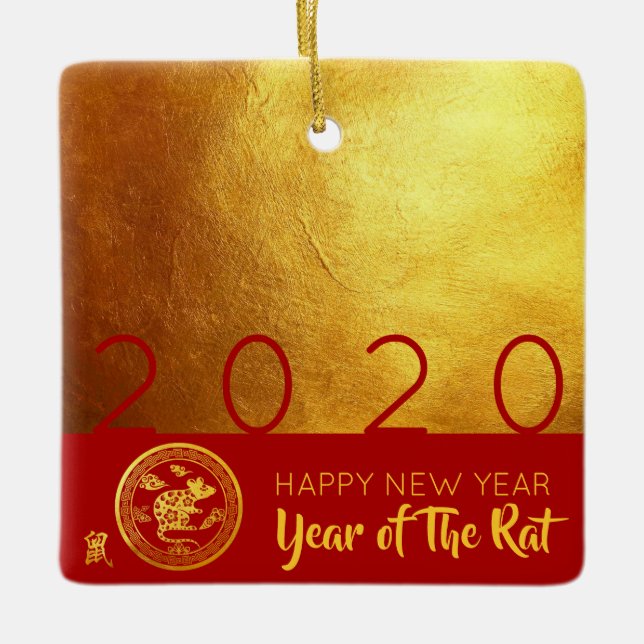 Red Gold Chinese Rat paper-cut 2020 SqCO Ceramic Ornament (Front)