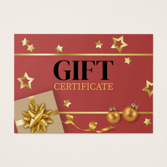 Red Gold Christmas Ball Stars Ribbon Gift Card (Front)